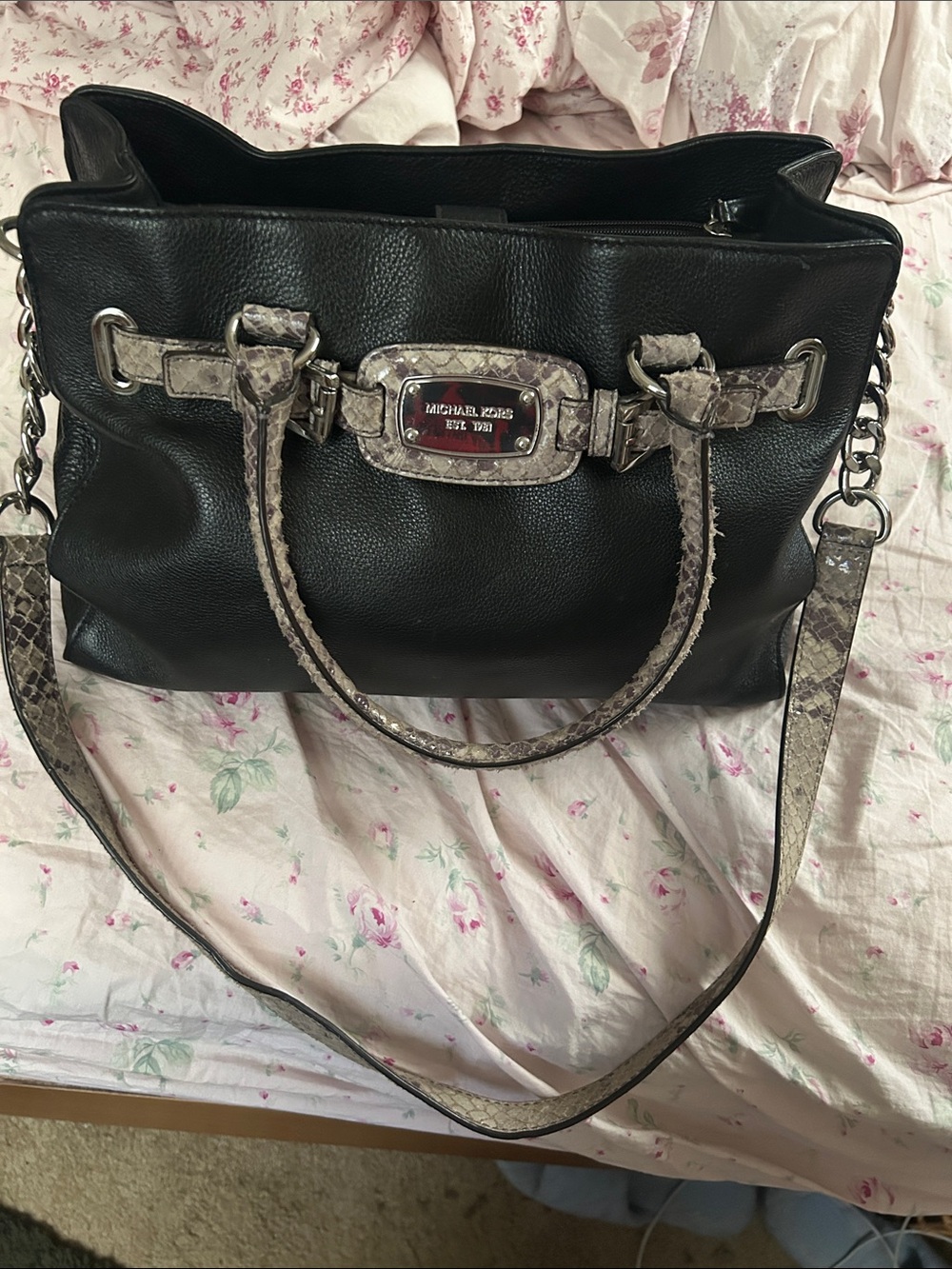 Michael Kors Black Leather Shoulder Tote with Snake-Print Trim